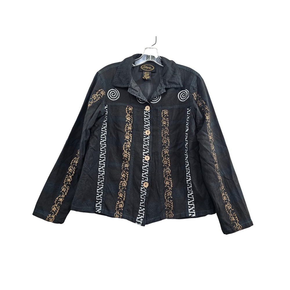 Alex Kim Festival Fall Jacket Women Small Black Cotton Linen Boho Tribal Art EUC